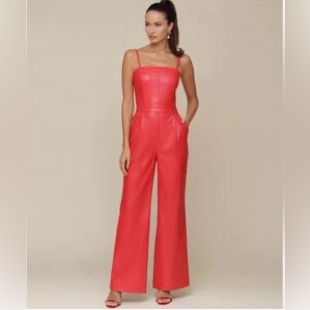 Avec Les Filles Faux-Ever Leather Wide Leg Jumpsuit in Maraschino Red Large